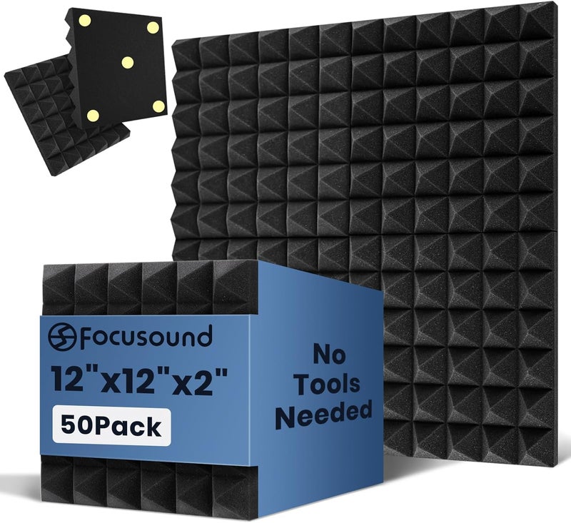 Focusound Acoustic Panels 50 Pack 2"x12"x12" with 300 PCS Double-Side Adhesive - Sound Proof Pyramid Foam for Walls, Home Studio Noise Absorption & Echo Control Kit - Image 1